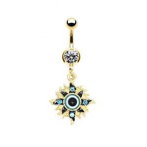 Goldener Bauchnabelpiercing mit bösem Blick und strahlendem Sonnenanhänger mit blauen Steinen