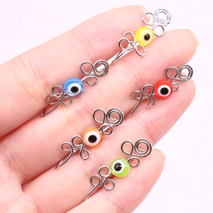 Handmade silver wire evil eye non-pierced nose rings with colorful beads set