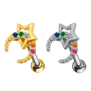 Détails de piercings courbés or et argent avec étoile et lune serties de zircons colorés