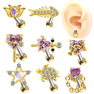 Orecchini a Bottone in Acciaio Inossidabile con Strass per Donna Cuore Croce Farfalla Stella Fiocco di Neve Tartaruga Piercing Gioielli Oro Argento