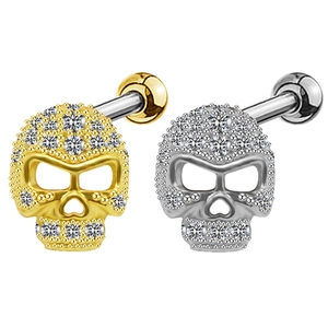 Détails de boucles d'oreilles tête de mort gothiques avec zirconiums en or et argent