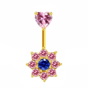 Piercing ombelico dorato con zircone a cuore rosa e cluster floreale di pietre blu