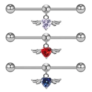 316L Stainless Steel Industrial Barbell Earring Zirconia Heart Angel Wings Piercing Jewelry Elegant Ear Bone Stud For Women Men
