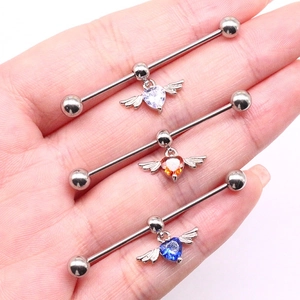 Three-piece industrial barbell set with heart angel wings and colorful zircon stones