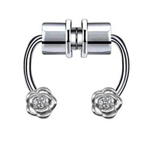 Magnetic silver horseshoe faux septum ring with rose flower ends and inlaid rhinestones