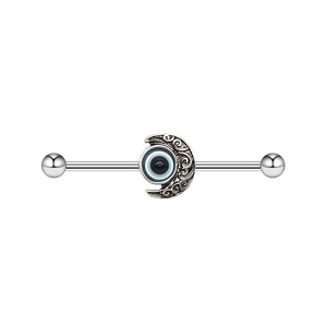 Silver stainless steel industrial barbell featuring a crescent moon with a blue evil eye bead