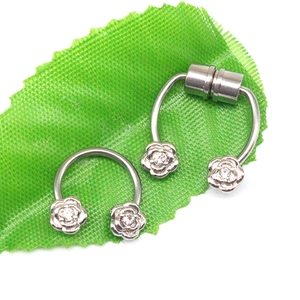 U-shaped magnetic stainless steel faux nose ring with silver rose and crystal detail