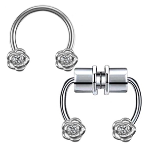 Stainless steel rose horseshoe nose ring with magnet and crystal accents