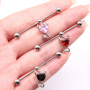 Three-piece stainless steel industrial barbell set with heart zircons and devil horn wings