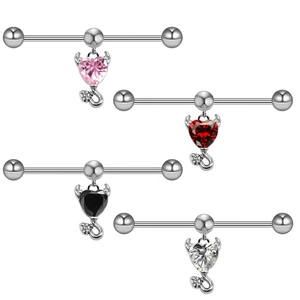 Little Devil Heart Industrial Barbell Earrings Stainless Steel Zirconia Inlaid Copper Piercing Body Jewelry For Women Men