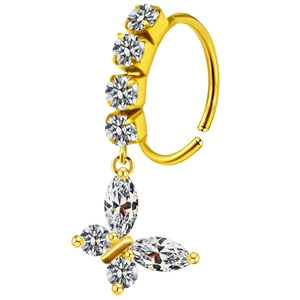 Aro para nariz de acero inoxidable dorado con colgante de mariposa y circonitas