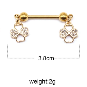 Goldener Kleeblatt Brustwarzenpiercing mit weißen Strasssteinen und 3,8cm Stablänge
