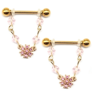 Stainless Steel Flower Nipple Ring With Alloy Pendant And Rhinestone Inlaid Chain Piercing Jewelry For Women