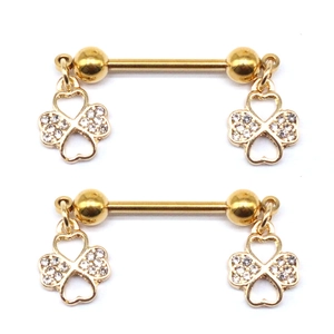 Goldene Legierung Strass Vierblättriges Kleeblatt Brustwarzenringe Für Damen Körperpiercing Schmuck Herzform Anhänger Nippelstecker