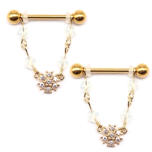 Golden stainless steel nipple rings with opal chain and flower rhinestone pendant