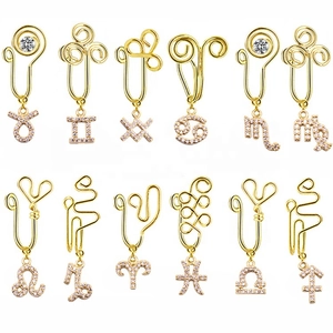 12 Zodiac Constellation Non-Piercing Nose Cuff Gold Plated Copper Rhinestone Pendant Clip On Nose Ring For Women Jewelry