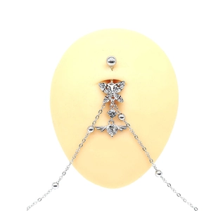 Silberne Bauchkette mit Schmetterling, Herzflügel-Anhänger und weißen Zirkonia-Steinen