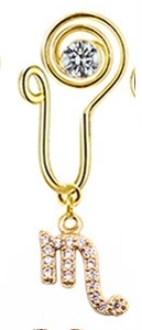 Golden zodiac wire wrap nose ring with zircon scorpion pendant on white background