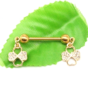 Goldenes Kleeblatt Nippelpiercing Set mit Strasssteinen auf poliertem Edelstahl