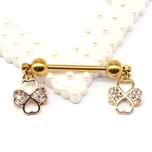 Goldener Brustwarzenpiercing-Stab aus Edelstahl mit Kleeblatt-Anhängern und Zirkonia