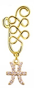 Macro detail of gold wire-wrapped Pisces zodiac nose cuff with sparkling zircon crystals