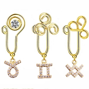 Three-piece gold non-piercing zodiac nose rings with zircon constellation pendants