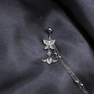 Silbernes Bauchnabelpiercing mit Doppel-Schmetterling, Herz-Anhänger und Quasten