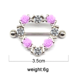 Heart-shaped nipple ring with purple rose petals and sparkling zircon stones, 3.5cm wide