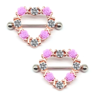 Rose gold heart nipple rings with purple roses and sparkling cubic zirconia stones