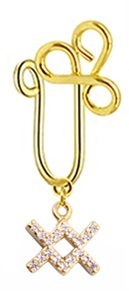 Detailed view of golden U-shaped non-piercing clip with a sparkling crisscross pendant