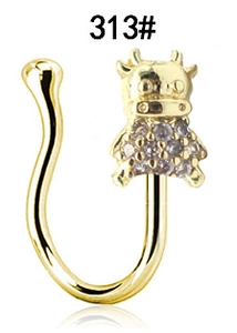 Golden U-shaped non-pierced nose ring with sparkling paved zircon cow charm detail