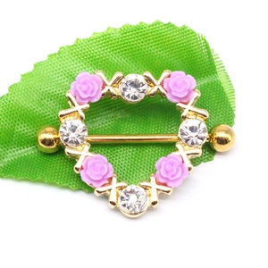 Macro view of heart-shaped gold nipple shield with pink rose and sparkling zircons