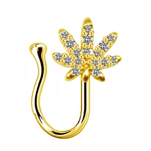 Macro detail of gold U-shaped nose clip with maple leaf design and white zircons