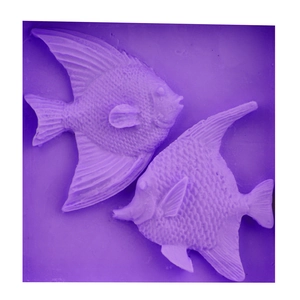 Purple silicone fish shaped mold featuring detailed tropical fish patterns for baking