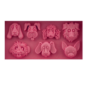 Pink silicone dog mold featuring 7 different puppy face patterns for baking and DIY