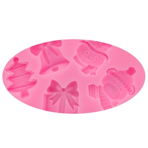 Pink silicone Christmas mold featuring tree, bell, snowman and bear shapes for DIY baking
