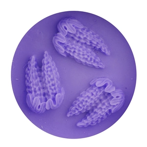 Three-piece set of purple wing-shaped silicone molds with detailed feather textures and wavy edges