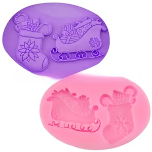 Christmas stocking and sleigh silicone molds in purple and pink for DIY baking and crafts