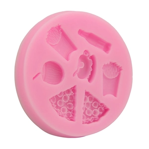 Close-up of pink silicone mold with detailed pizza burger and fries food shapes