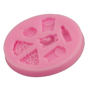 Pink silicone mold featuring miniature pizza, fries, hot dog, and drink shapes for DIY baking