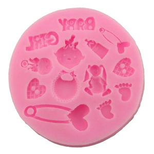 Pink silicone baby girl fondant mold with bottle and footprint designs for cake DIY