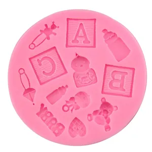 Pink baby theme silicone mold with teddy bear and bottle shapes for DIY baking