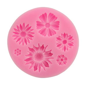 Pink silicone sunflower cake mold with six different flower sizes for DIY baking