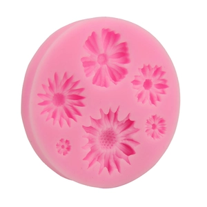 Pink sunflower daisy silicone fondant mold with six various floral shapes for cake decorating