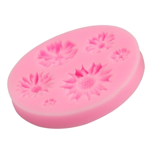 Pink sunflower daisy silicone fondant mold with five floral cavities for cake decorating