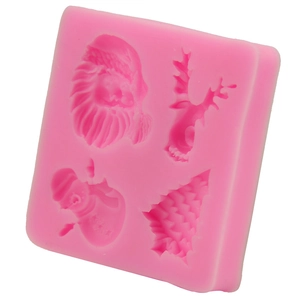 Pink silicone Christmas mold featuring Santa Claus, reindeer, snowman, and tree shapes