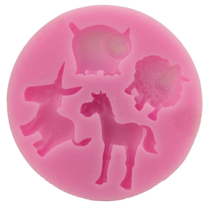 Pink silicone mold featuring cute cartoon sheep, pig, donkey and horse for cake baking