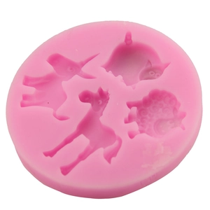 Pink silicone baking mold with unicorn giraffe pig and sheep animal shapes
