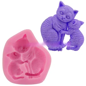 Detail of pink cat silicone mold with highly textured 3D kitten fondant showing fur details
