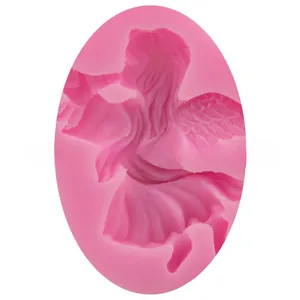 Detailed pink silicone mold for DIY baking showing a trumpet playing angel girl shape